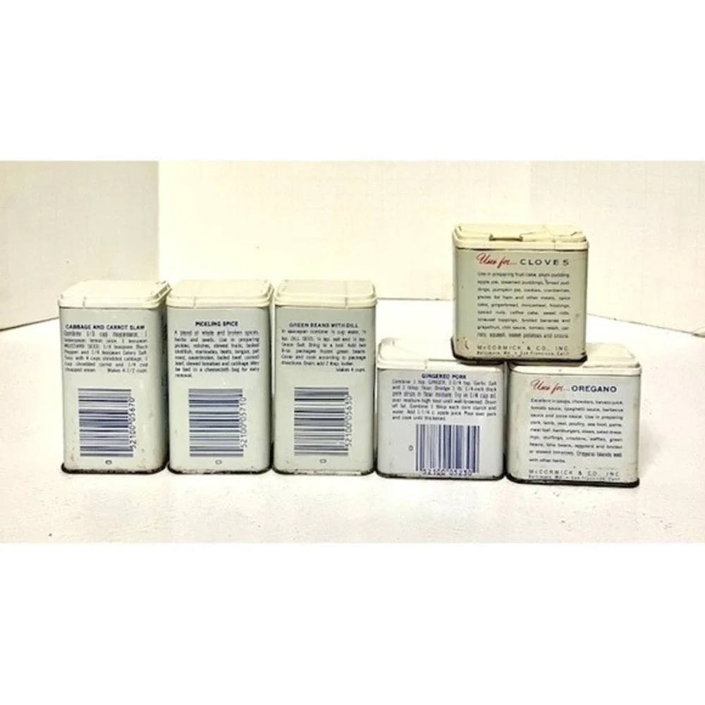 6 VTG McCormick Spice Tins Ginger Cloves Oregano Dill Seed Pickling Mustard Seed